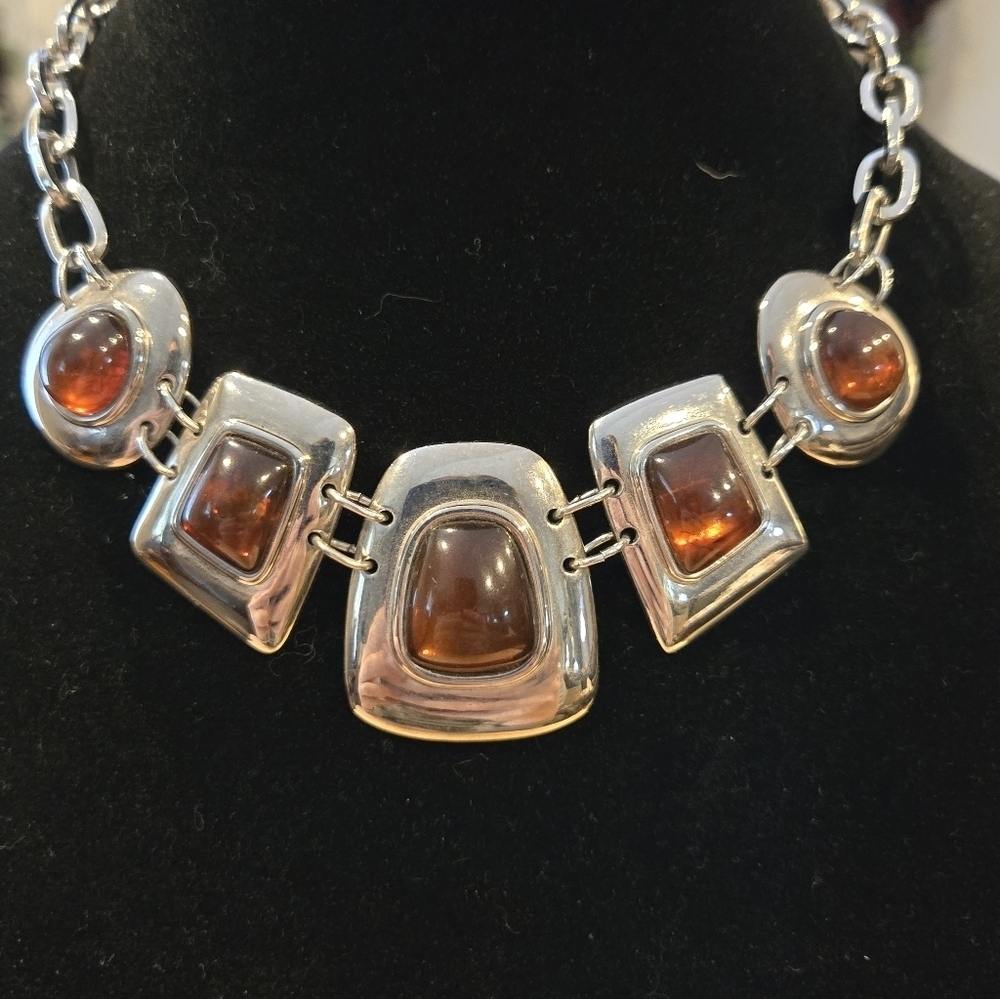 Silver and Amber Colored Statement Necklace